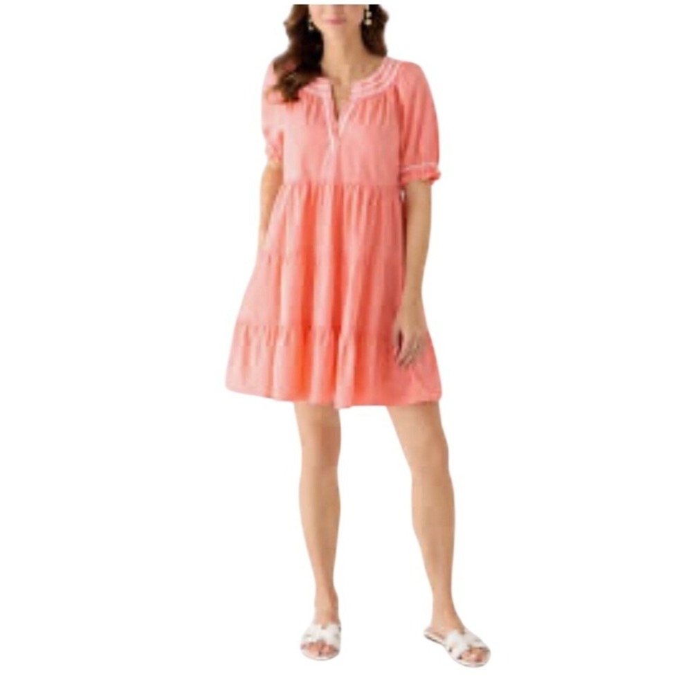 Crown & Ivy Womens Peach Cotton Short Sleeve Peasant Dress Size Small